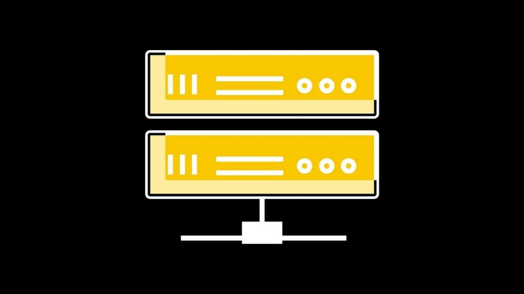 A white and yellow cartoon server on a black background.