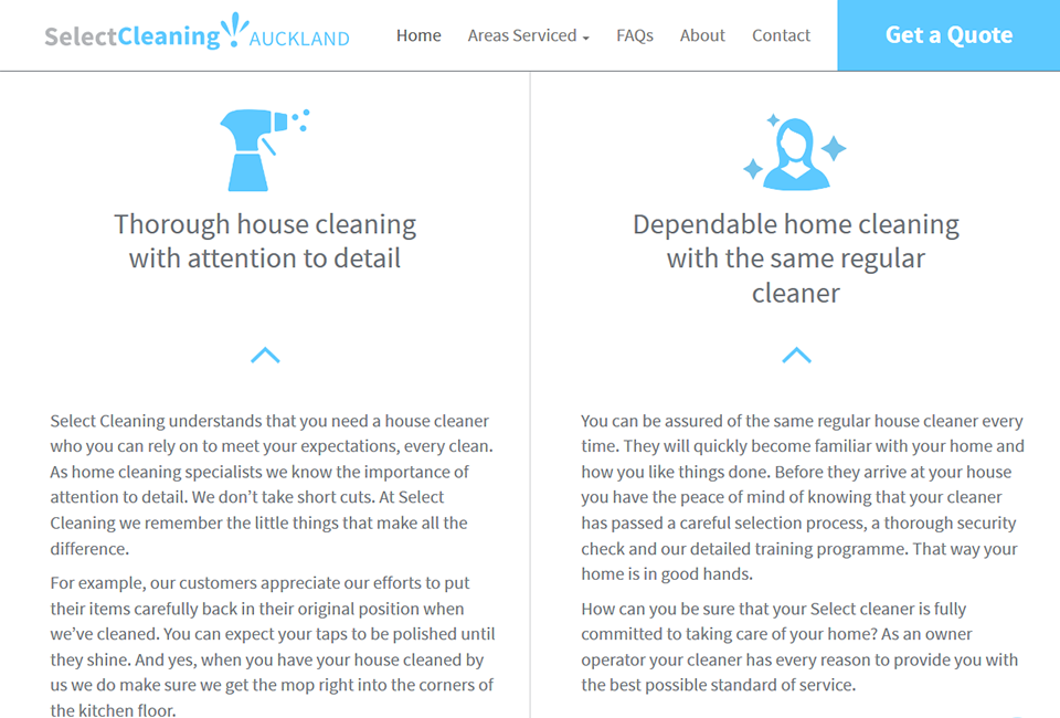 Select Cleaning website home page screenshot
